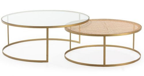 Set de 2 tables basses rondes verre transparent rotin naturel et métal doré D 120/D 100 cm - Photo n°2; ?>