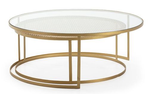 Set de 2 tables basses rondes verre transparent rotin naturel et métal doré D 120/D 100 cm - Photo n°3; ?>