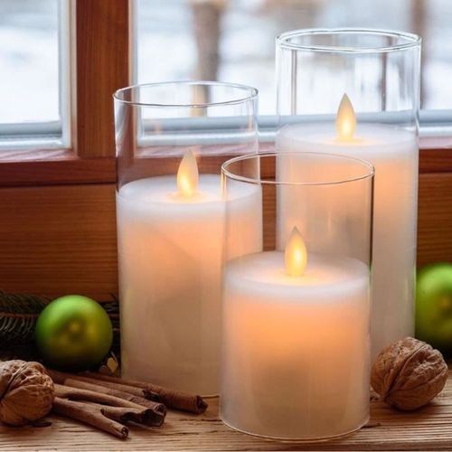 Set de 3 Bougies en cire, verre LED flamme en mouvement - H 12,5 et 17,5 cm et D 7,5 cm - Photo n°3; ?>