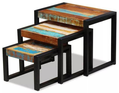 Set de 3 tables gigognes bois de récupération et pieds métal noir Area - Photo n°2; ?>