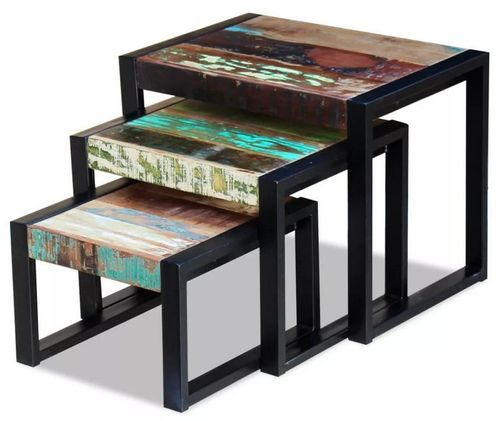 Set de 3 tables gigognes bois de récupération et pieds métal noir Area - Photo n°3; ?>