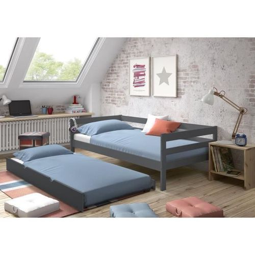 SIMBA Lit gigogne enfant classique en bois pin massif verni et gris anthracite - l 90 x L 190 cm - Photo n°2; ?>