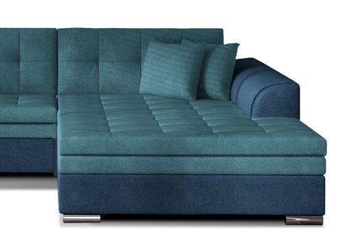 Canapé d'angle droit convertible 4 places tissu bleu foncé et bleu turquoise Looka 295 cm - Photo n°3; ?>
