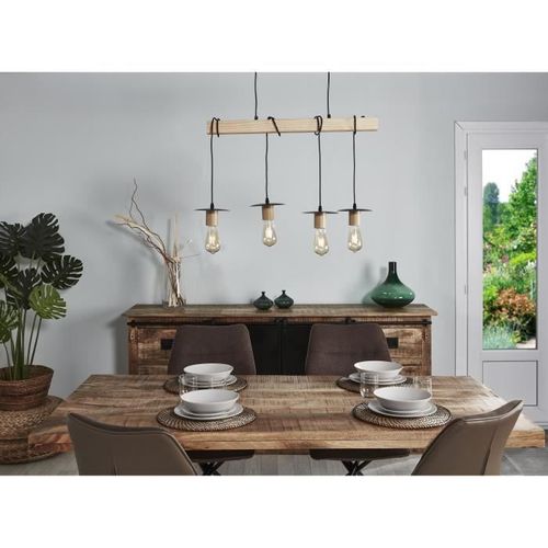 Suspension 4 Lampes - Abat-jour disque - Métal noir et bois - NEW DETROIT - Photo n°2; ?>