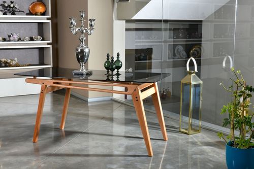 Table à manger bois de chêne et verre trempé noir Karny 160 cm - Photo n°2; ?>