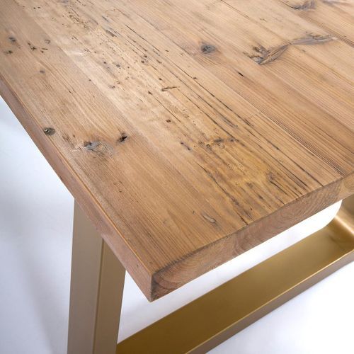 Table à manger bois massif clair et pieds métal doré 220 cm - Photo n°3; ?>