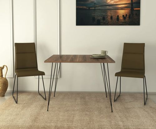 Table à manger carrée bois marron et pieds en forme d'épingles acier noir Kizone 90 cm - Photo n°3; ?>