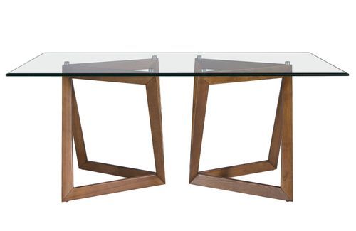 Table à manger contemporaine Veliza 180 cm - Plateau en verre trempé et pieds en noyer - Photo n°3; ?>