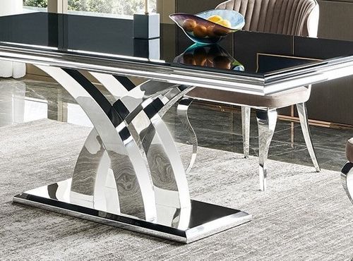 Table à manger design acier inoxydable poli et verre trempé noir Milla 180 cm - Photo n°2; ?>