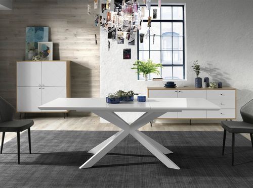 Table à manger design extensible blanc mat et pieds métal blanc Reina 160 à 210 cm - Photo n°2; ?>