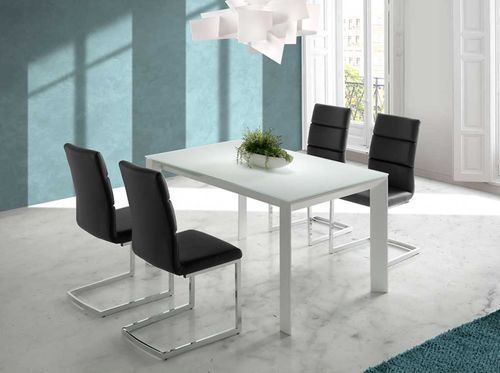 Table à manger design extensible verre teinté blanc et pieds métal blanc Mikale 140 à 190 cm - Photo n°2; ?>