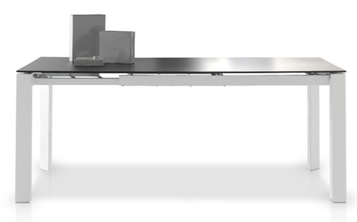 Table à manger design extensible verre teinté noir et pieds métal blanc Mikale 140 à 190 cm - Photo n°3; ?>