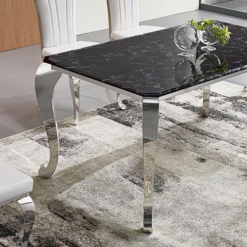 Table à manger design verre trempé noir effet marbre et acier chromé kazy - Photo n°2; ?>
