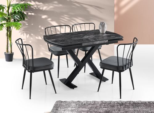 Table à manger extensible noir effet marbre et pieds acier noir 120/180 cm - Photo n°2; ?>