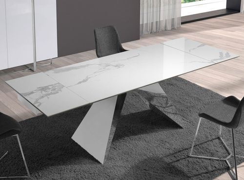 Table à manger extensible Rodia L 160/240 cm - Plateau en porcelaine blanche et pied acier chromé - Photo n°2; ?>