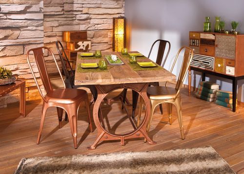 Table à manger industrielle bois massif clair et métal cuivre Orélia - Photo n°2; ?>