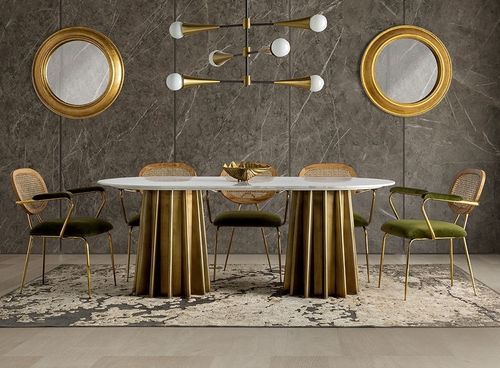 Table à manger ovale design marbre blanc et pied acier doré mat Mensa 200 cm - Photo n°2; ?>