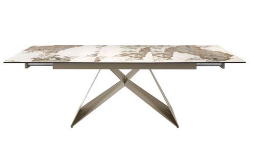 Table à manger ovale extensible Karina L 180/240 cm - Plateau en porcelaine blanche et pied acier marron clair - Photo n°3; ?>