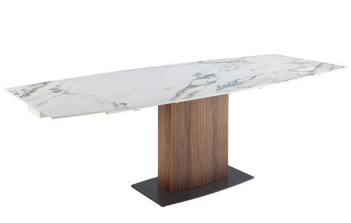 Table à manger ovale extensible Vibora L 160/240 cm - Plateau en porcelaine blanc et pieds noyer - Photo n°3; ?>