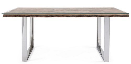 Table à manger plateau bois massif recyclé et verre trempé sur pieds acier chromé Stany 180 cm - Photo n°2; ?>
