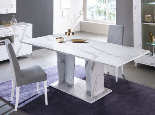 Table à manger rectangulaire extensible bois blanc effet marbre vernis Botela 180 à 225 cm - Photo n°2; ?>