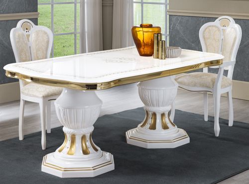 Table à manger rectangulaire extensible bois vernis laqué brillant blanc et doré Lesly 185 à 230 cm - Photo n°2; ?>