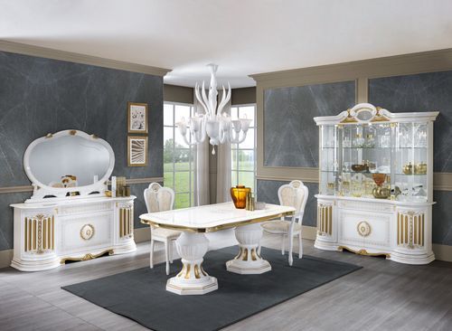 Table à manger rectangulaire extensible bois vernis laqué brillant blanc et doré Lesly 185 à 230 cm - Photo n°3; ?>