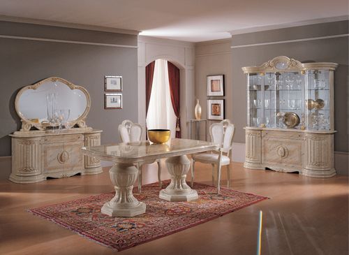 Table à manger rectangulaire extensible bois vernis laqué brillant beige et onyx effet marbré Lesly 185 à 230 cm - Photo n°3; ?>