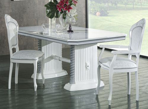 Table à manger rectangulaire extensible bois vernis laqué brillant blanc et gris Vinza 185 à 230 cm - Photo n°3; ?>