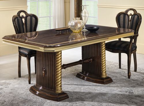 Table à manger rectangulaire extensible bois vernis laqué brillant marron et doré Vinza 185 à 230 cm - Photo n°2; ?>