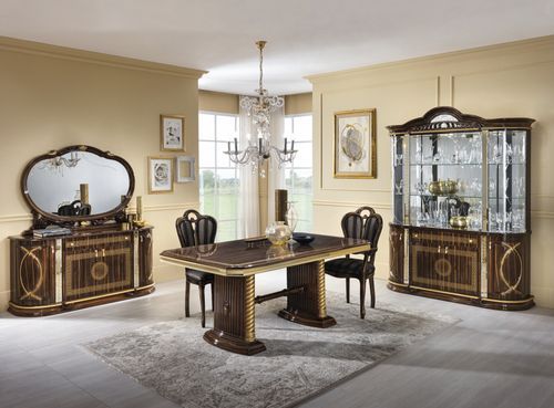 Table à manger rectangulaire extensible bois vernis laqué brillant marron et doré Vinza 185 à 230 cm - Photo n°3; ?>