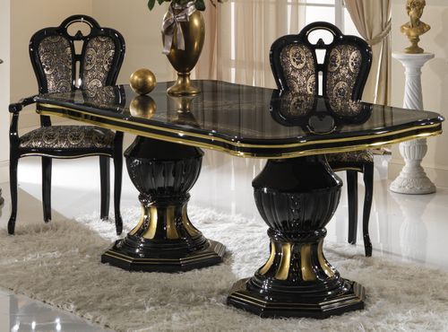 Table à manger rectangulaire extensible bois vernis laqué brillant noir et doré Lesly 185 à 230 cm - Photo n°2; ?>