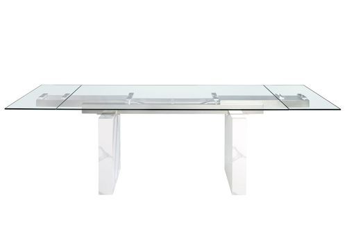 Table à manger rectangulaire extensible Dolima L 180/260 cm - Plateau en verre trempé et pieds en porcelaine blanche - Photo n°3; ?>