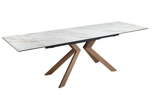 Table à manger rectangulaire extensible Orlando L180-260 cm - Plateau porcelaine blanc et pieds acier marron effet noyer - Photo n°3; ?>