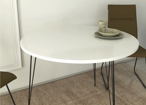 Table à manger ronde bois blanc brillant et pieds en forme d'épingles acier noir Kizone 90 cm - Photo n°2; ?>