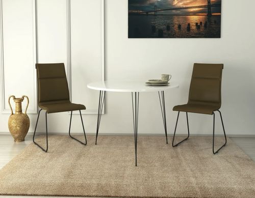 Table à manger ronde bois blanc brillant et pieds en forme d'épingles acier noir Kizone 90 cm - Photo n°3; ?>