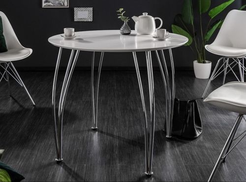 Table à manger ronde bois blanc et pieds métal chromé Aldy D 90 cm - Photo n°2; ?>