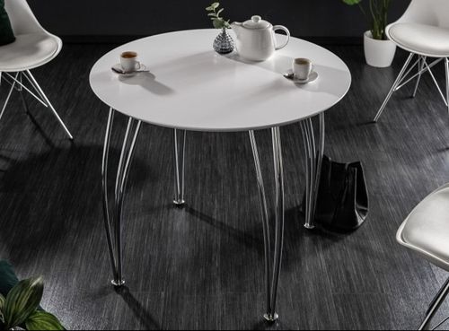 Table à manger ronde bois blanc et pieds métal chromé Aldy D 90 cm - Photo n°3; ?>
