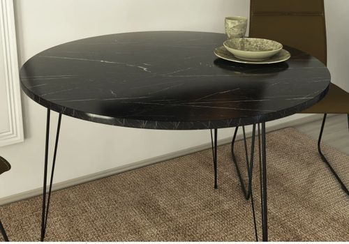 Table à manger ronde bois effet marbre noir et pieds en forme d'épingles acier noir Kizone 90 cm - Photo n°2; ?>