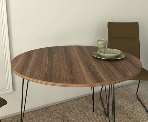 Table à manger ronde bois marron et pieds en forme d'épingles acier noir Kizone 90 cm - Photo n°3; ?>