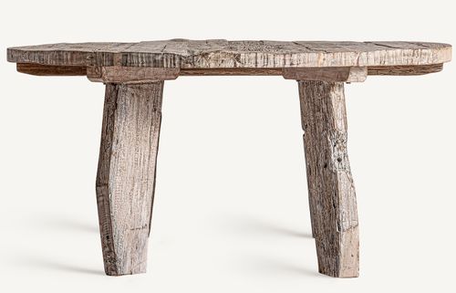 Table à manger ronde bois massif blanc cassé vieilli style ethnique Barry 160 cm - Photo n°3; ?>