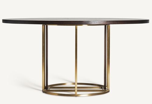 Table à manger ronde bois massif marron et pieds acier doré style art déco Karia 150 cm - Photo n°2; ?>