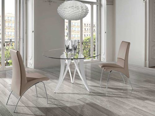 Table à manger ronde design Beniza 120 cm - Plateau verre trempé et pieds métal blanc brillant - Photo n°2; ?>