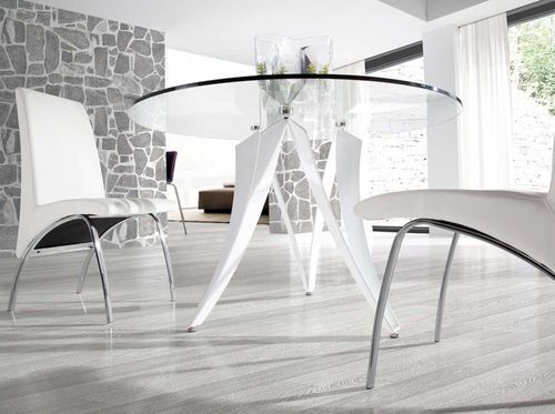 Table à manger ronde design Beniza 120 cm - Plateau verre trempé et pieds métal blanc brillant - Photo n°3; ?>