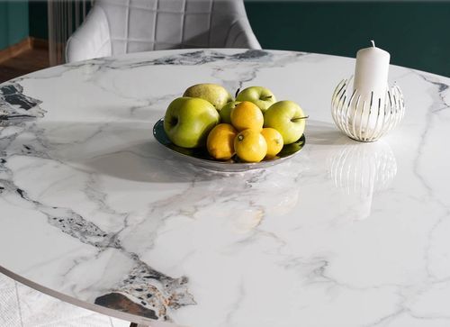Table à manger ronde design céramique blanc effet marbre et acier chromé Durano 120 cm - Photo n°2; ?>