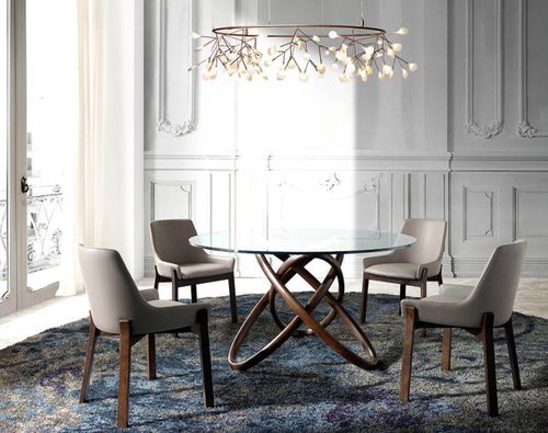 Table à manger ronde design en bois couleur noyer et verre transparent Artista - Photo n°2; ?>