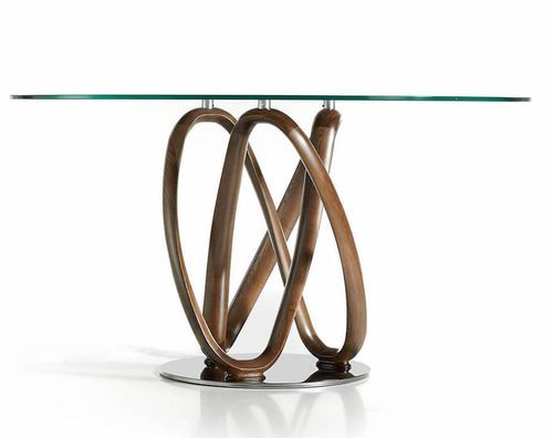 Table à manger ronde design pied torsadé bois couleur noyer et verre transparent Pinta - Photo n°3; ?>