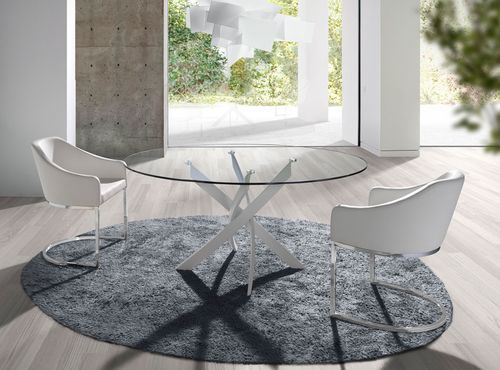 Table à manger ronde design Princia - Plateau en verre transparent et pied en acier blanc - Photo n°2; ?>