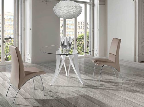 Table à manger ronde design verre trempé et pieds blanc brillant Beniza 120 cm - Photo n°2; ?>