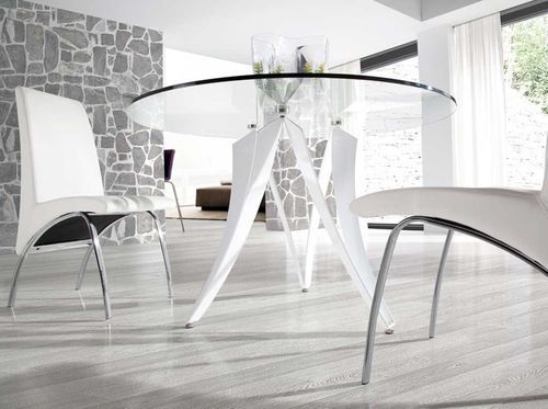 Table à manger ronde design verre trempé et pieds blanc brillant Beniza 120 cm - Photo n°3; ?>